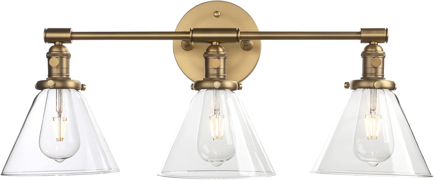 Phansthy 3 Light Sconce Wall Mount Bathroom Light Fixture with 7.3 Inches Cone Clear Glass Canopy, Antique