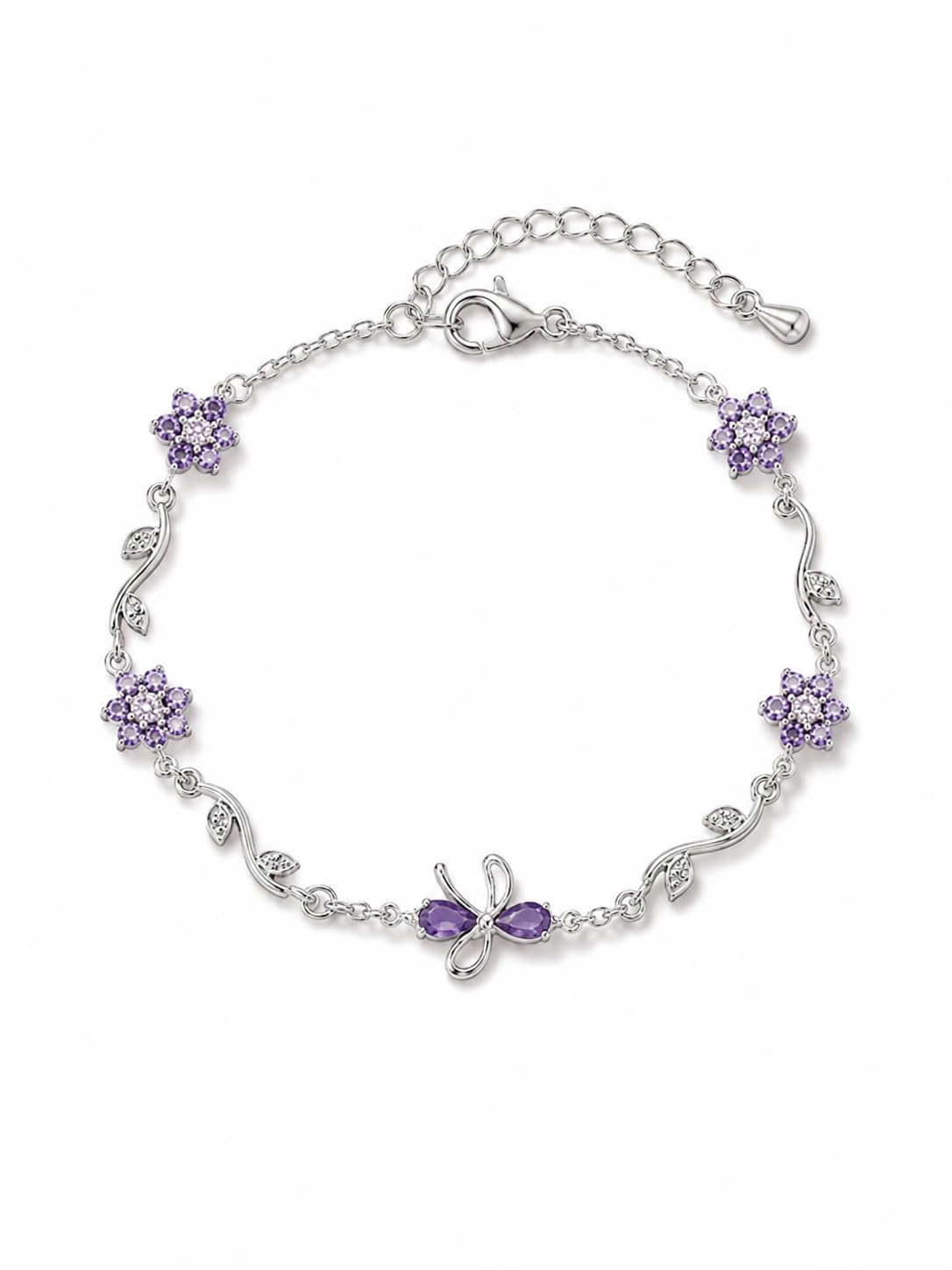 Purple Butterfly Charm Bracelet for Women, Silver Tone Floral Crystal Bracelet, Fashion Jewelry Gift-image-7