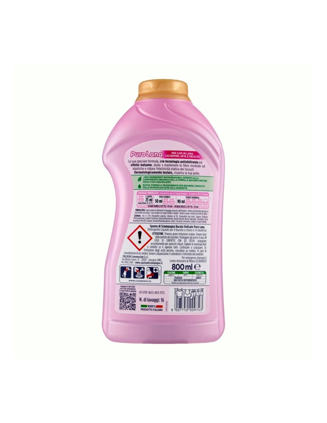 12x Spuma Di Sciampagna Waschmittel Puro Lana - Flüssigwaschmittel - Respektiert Wolle und empfindliche Kleidungsstücke 16 Wäschen 800ml + Beni Culinari Kostenloser Schlüsselanhänger