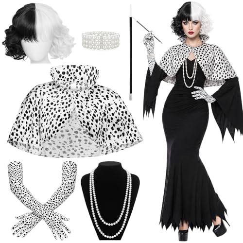 Vervora 6 Pcs Cruella Costume Accessories Set for Women Villain Fancy Dress Kit with Black White Wig Dalmatian Spotted Cape Gloves Faux Pearl Jewellery Hand Prop for Halloween World Book Day