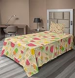 Ambesonne Summer Emoji Sheet Set, Ice Cream and Watermelon Pattern with Sun Ornaments on Striped Back, Fitted and Flat Sheet with Pillowcase Bedding Accent 3 Piece Set, Twin, Lime Green Mustard