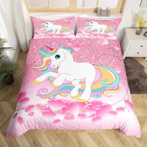Set di biancheria da letto per bambini super king size, motivo unicorno con cartoni animati, paillettes glitterate, romantico, per ragazze, ragazzi, ragazze, donne, decorazione per la stanza, con