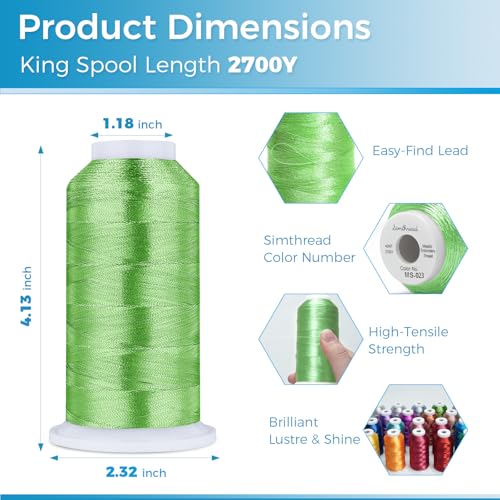 Image of Simthread 2700 Yards Metallic Embroidery Machine Thread - Lime Green MS-023, 40wt High-Sheen King Spool, Smooth Running & Break Resistant for Commercial & Home Embroidery Machines