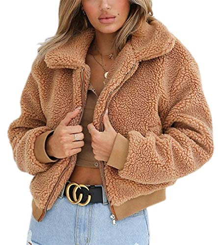 Women Casual Fuzzy Sherpa Coats Warm Fluffy Jacket with Fleece Lined Crop top Zipper Faux Jacket Outwear (Brown, L)