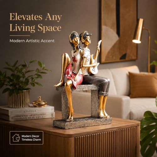 Image of ARMONIA Romantic Couple with Guitar Figurine Set | Showpiece for Home Decor| Resin Statue | Sculpture for Anniversary, Valentine's Day, Wedding & Gift Items 32cm