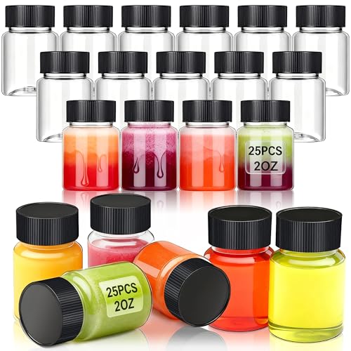 YZXODN 25 Pack 2 oz Plastic Shot Bottles Wide Mouth Containers with Caps for Ginger Juice Liquids Samples Reusable Small Empty Travel Bottles for Independence Day DIY Weddings Parties