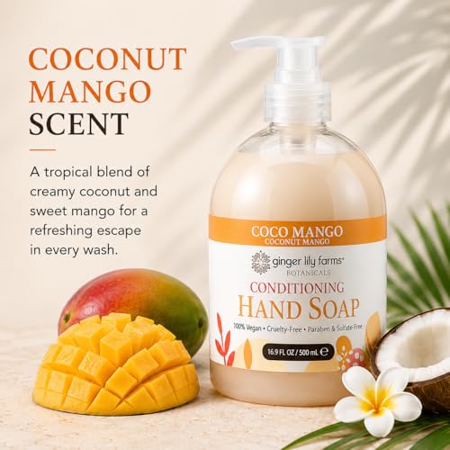 Image of Ginger Lily Farms Botanicals Conditioning Liquid Hand Soap, Coco Mango, 100% Vegan & Cruelty-Free, Coconut Mango Scent, 16.9 Fl Oz