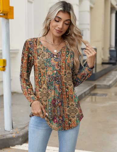Zeagoo Long Sleeve Shirts for Women 2025 Casual Pleated V Neck Fall Tunic Tops Button Down Blouse Dressy Loose T-Shirts4