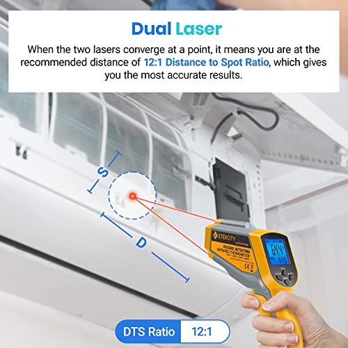 Image of Etekcity Infrared Thermometer 1025D (Not for Human) Dual Laser Temperature Gun-58℉~1022℉ (-50℃~550℃) with Adjustable Emissivity, Non-Contact Voltage Tester (NCV), Standard Size, Yellow & Gray | Pizza Oven, Griddle, BBQ, Meat, HVAC, Engine, Electricians, Non-Contact Voltage Detection, Adjustable Emissivity