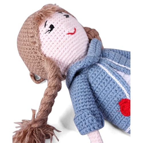 Image of Bonfino Premium Handmade Miss Helen Crochet Doll for Girls & Boys, Cute Knitted Cotton Doll for Babies, Baby Doll for Kids, Soft Toys, 6+ Months, Birthday Gift, Height 35 cm, Blue&White, BIS Certified