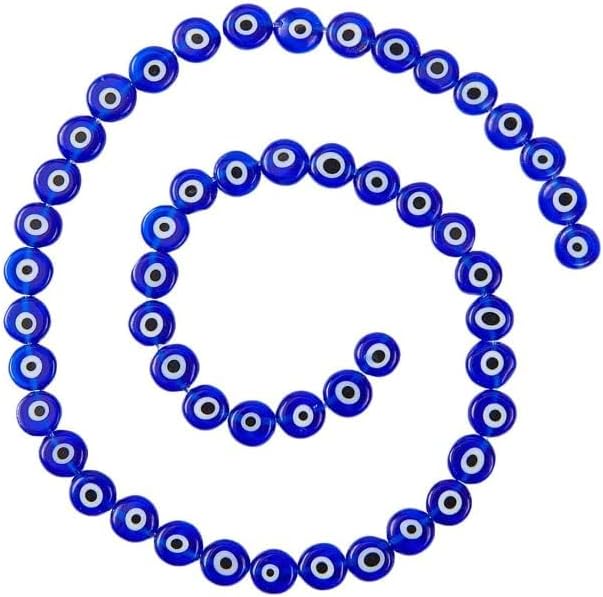 NBEADS 1 Strand About 49pcs 8mm Blue Flat Round Handmade Evil Eye Lampwork Beads Charms Spacer Beads fit Bracelets Necklace Jewelry Making