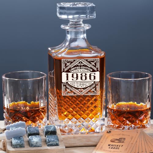Image of PONPUR 40th Birthday Gifts For Men Dad, 1986 Laser Whiskey Decanter Set with Gift Box, Anniversary Birthday Gift Ideas for Him Husband, 40 Years Bday Decorations, Whiskey Glasses & Whisky Stones Inc
