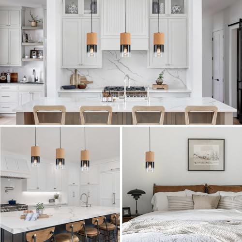 Image of 3-Pack Modern Pendant Lights for Kitchen Island, Adjustable Black Pendant Light Fixtures with Raw Wood Grain, Industrial Glass Pendant Lights for Dining Table Hallway Bedroom Living Room