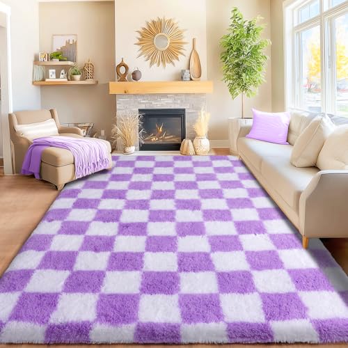 Area Rugs for Living Room Bedroom 8x10, White & Purple Fluffy Checkered Rug