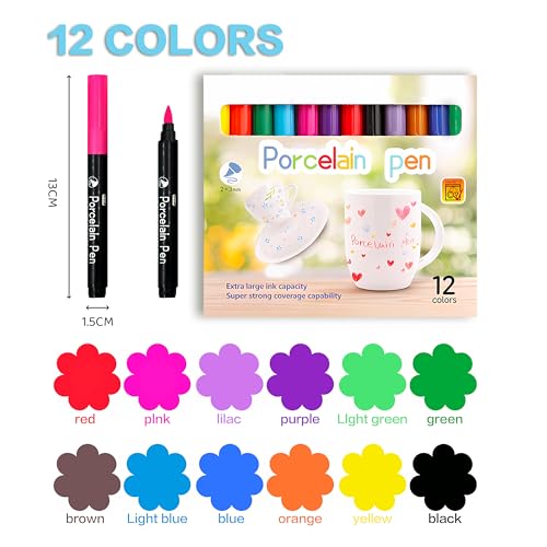 FloraVigo Keramikstifte, spülmaschinenfeste Porzellanstifte, 12 Farben wasserfest, Keramikmalset, geeignet zum Zeichnen von Mustern und Designkreationen auf Porzellan