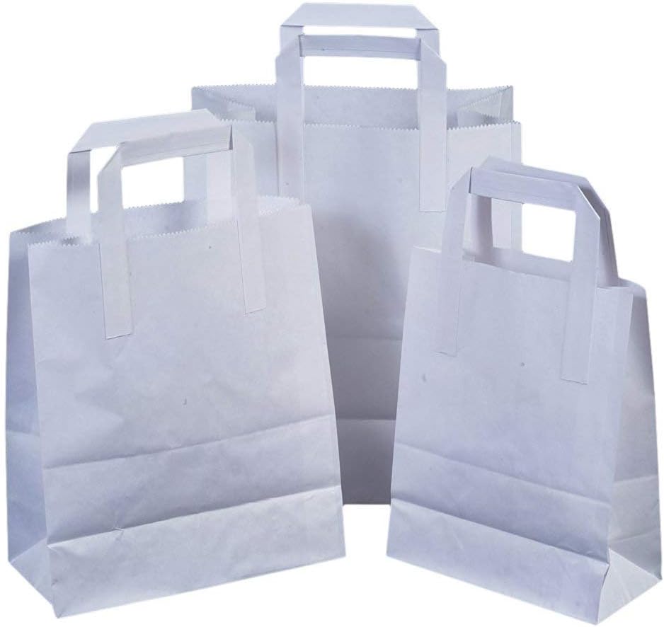 MARENT 100 x White Paper Carrier Bags with Flat Handles - 25cm x 30cm x 14cm