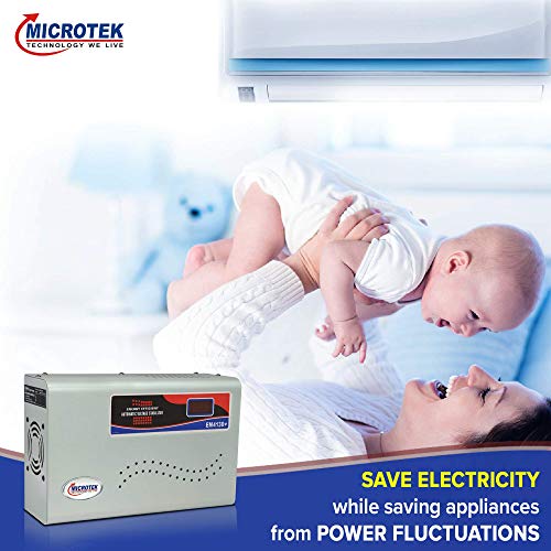 Image of Microtek EM4130+ Automatic Voltage Stabilizer for AC up to 1.5 ton (130V-300V), Metallic Grey - Digital Display, Wall Mounted