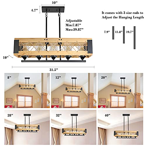XIPUDA Dining Room Light Fixture, Farmhouse Lighting, Kitchen Island Lights, Rustic 5 Light Chandeliers with Clear Glass Shade, Wood Pendant Lighting for Country House - Image 5