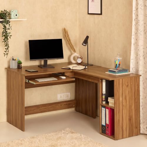 Image of Green Soul Brixton (2026 Edition) L-Shape Computer Table for Home PC, Keyboard Tray, 2 Storage Shelves, IS-3087 Engineered Wood, Expansive Tabletop, Latin Walnut, 3 Year Assurance