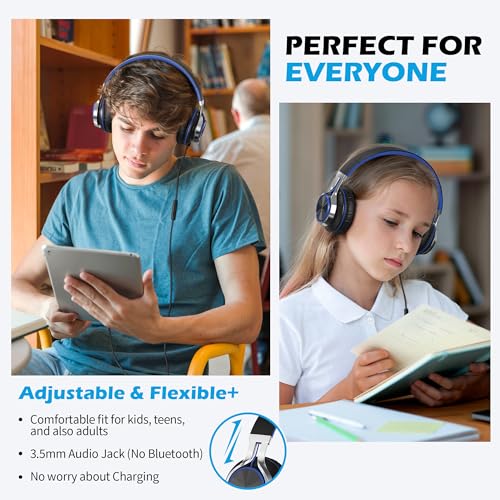 AILIHEN C8 Kids Wired Headphones with Microphone for School, On Ear Headsets with Volume Control Foldable, 3.5mm Jack Computer Chromebook for Children Teens Classroom Online Learning (Black Blue)