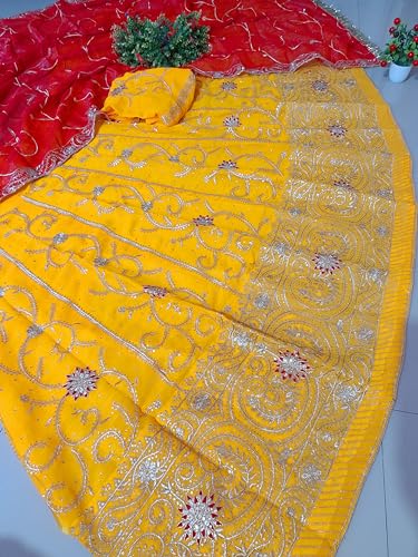 Image of Heavy Embroidery Work Semi Stitched Shimmer Silk Designer Rajputi Poshak For Women Rajasthani Lehenga Choli