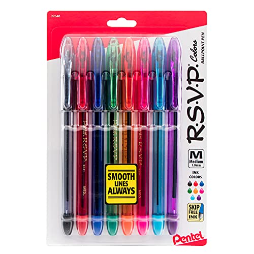Pentel Caneta esferográfica R.S.V.P, ponta média, cores de tinta sortidas, pacote com 8 (BK91CRBP8M)