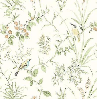 NuWallpaper Sage Songbird Peel and Stick Wallpaper, Sage Botanical Songbird Removable Contact Paper for Walls, Self Adhesive Wall Covering for Bedroom Living Room Accent Wall