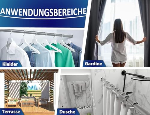 MEISENBERG Duschvorhangstange ohne Bohren 160-210cm, Grau, Ø 32 mm, Teleskop Gardinenstange Klemmen - Vorhangstange für Fenster, Dusche und Trennwand