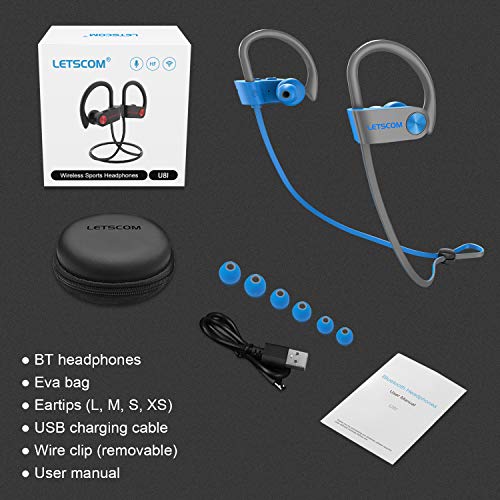LETSCOM Bluetooth Headphones IPX7 Waterproof, Wireless Sport Earphones, Hifi Bass Stereo Sweatproof Earbuds W/Mic, Noise Cancelling Headset for Workout, Running, Gym, 8 Hours Play time