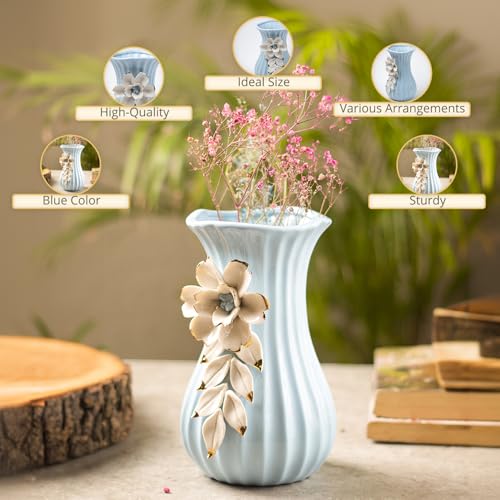 Image of Market99 Blue Ceramic Curvy Vase | Engraved Floral Pattern Flower Holder | Stylish, Handcrafted Vase for Flowers, Indoor Centerpieces, and Office Decor Idea for Housewarmings, Weddings