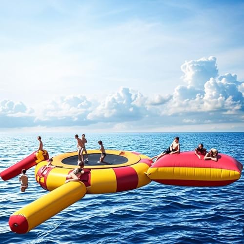 Inflatable Water Trampoline for Lake,10FT/13FT /16FTFloating Water Trampoline for Adults Portable Bounce Swim Platform with Electric Pump and Rope Ladder Slide,Water Park (Red, 10ft/3m)