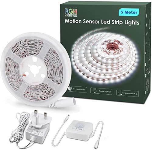 RGH LIGHTING Motion Sensor Led Strip Lights 5 Meters, 6000K White Led Light Strip