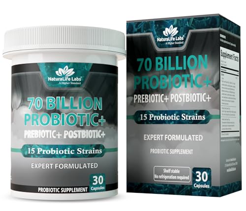 NaturaLife Labs Probiotics 70 Billion CFU – 15 Strains with Organic Prebiotic & Postbiotic –...