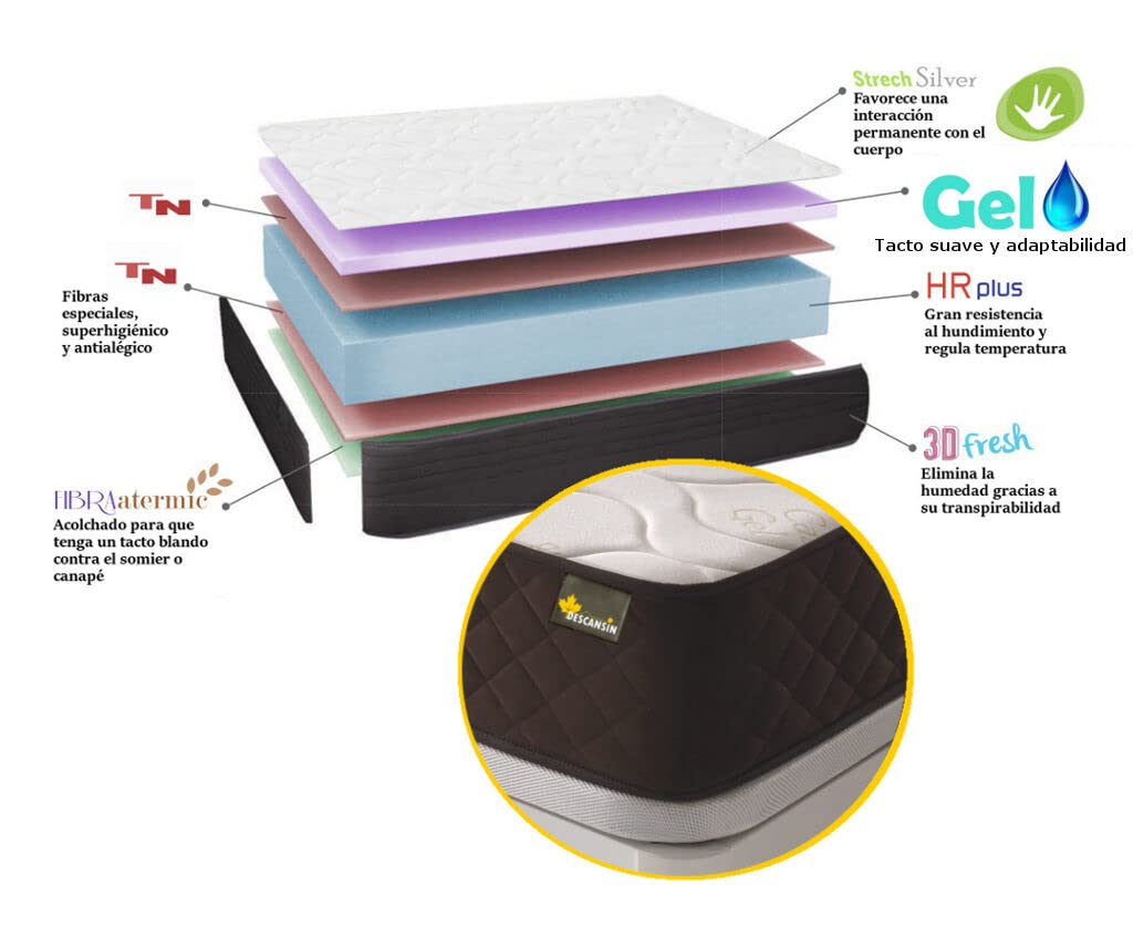 DESCANSIN Pack Colchón Antiácaros + Canapé abatible de Madera – Cama matrimonial con canapé de 28cm de Alto (Chocolate, 150x190)
