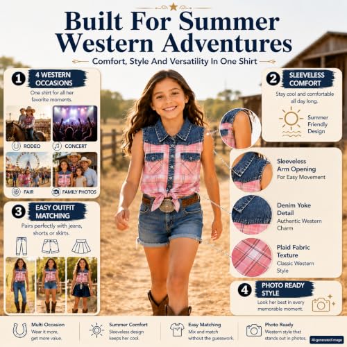 Image of Bienzoe Western Plaid Girls Shirt: Sleeveless Button Down | For girls who love cowgirl style, rodeo days, country concerts, summer comfort, family photos, horse shows, outdoor fun