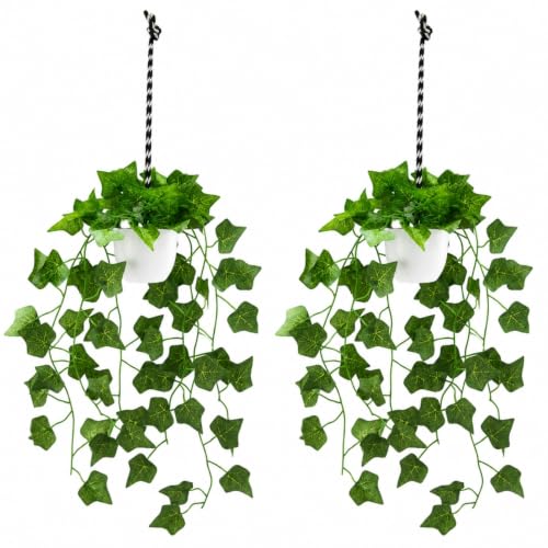 Image of fancymart Artificial Hanging Ivy Plant with White Hanging Pot & Rope, Pack of 2, Realistic Green Leaf Creeper for Home, Office, Living Room & Wall Decor, 60 cm Height
