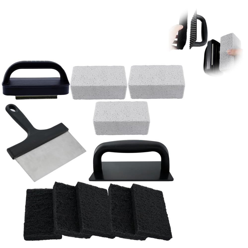 AzoneeGriddle Cleaning Kit, Flat Top Grill Cleaning Kit 11 Pieces Includes 3 Grill Stone Bricks with Handle, 1 Griddle Scraper, 5 Griddle Brushes with Handle