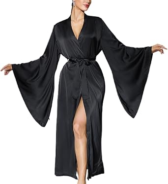 Womens Long Satin Robe Silky Kimono Bathrobe Elegant Bridal Getting Ready Robes Boudoir Honeymoon Sleepwear