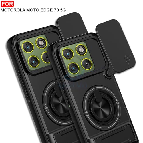 Image of AESTMO Moto Edge 70 5G Back Cover | Armor Camera Slider 360 Degree Rotating Finger Ring Holder Case with Bracket Stand Back Case Cover (Compatible with MagSafe Wireless Charging)(Black)