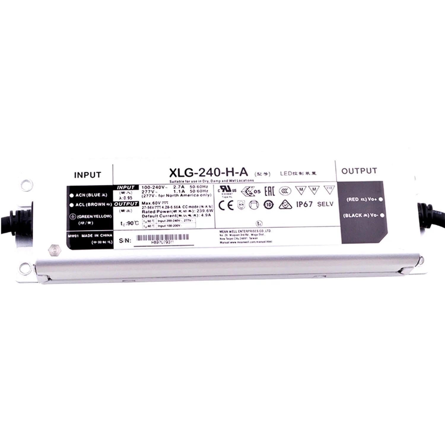 XLG-240-H-A 240W IP67 Waterproof LED Driver, 100-305V AC Input, 27-56V DC Output, 4.9A Constant Power for Outdoor Street Lights, Landscape & Industrial Lighting