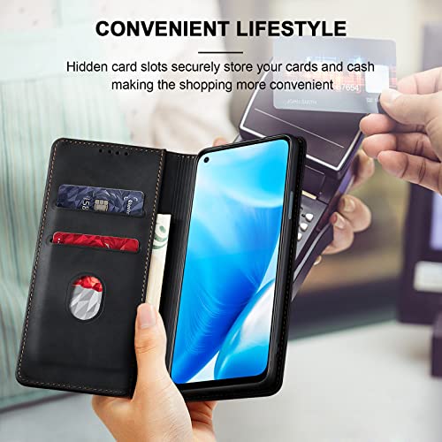 Image of Jasonyu Flip Wallet Case for OnePlus Nord N200 5G,Leather Magnetic Folio Cover with Card Holder,Kickstand - TPU Shockproof Durable Protective Phone Case,Black