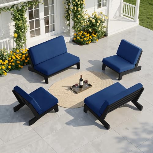 Image of Pia Ricoo 4 Piece Patio Furniture Sets, Outdoor Furniture with 2 Chairs & Coffee Table, Patio Conversation Set for Backyard, Deck, Lawn, Navy, Dark Wood