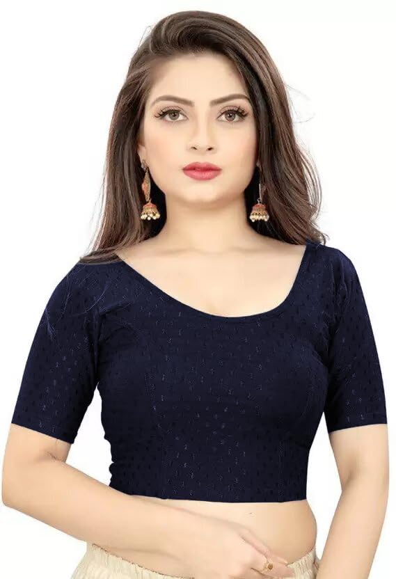 REKHAWomen's Stretchable Readymade Indian Ethnic Saree Blouse Crop Top Choli Lycra Blouse Free Size 304 Navy Blue