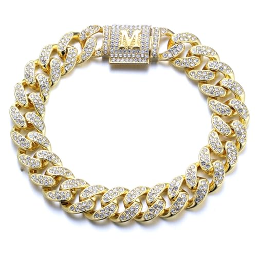 Halukakah Plus de 400 Diamants Plaqué Or Véritable 18K Bracelet Chaîne à Maillons Cubains pour Homme et Femme, Fermoir Lettre Bulle M Initiale 3D - Complet...