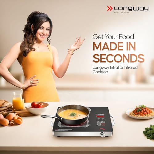 Image of Longway Infralite Pro 2200W Infrared Induction Cooktop with Steel Grill Rack, Crystal Glass Top, Touch Panel & Digital Display, 4 Preset Modes - Stir Fry, BBQ, Hot Pot & Steam, Black