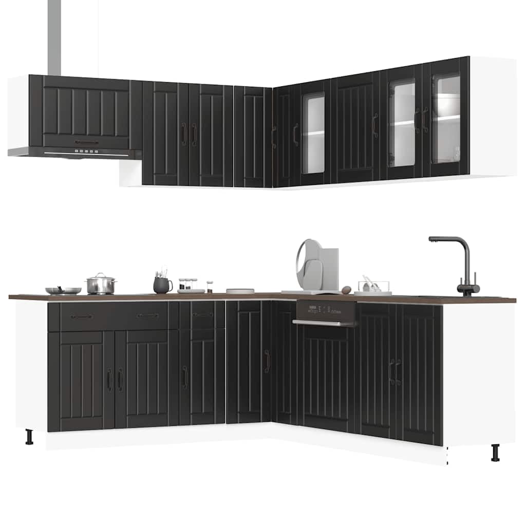 11-TLG. Küchenschrank-Set Lucca, Moderne Küchenzeile mit Eckunterschrank und Hängeschränken, Großzügiges Stauraumangebot für Küchenutensilien, Robuster Holzwerkstoff, Schwarz