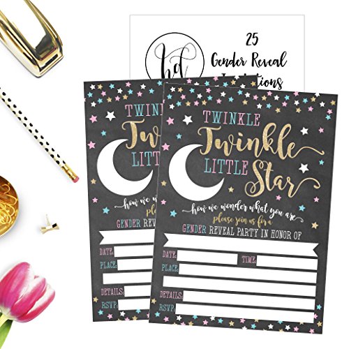 25 Twinkle Little Star Gender Reveal Baby Shower Party Invitation Cards Gold And Black He Or She For Gender Neutral Unisex Invites Guess If It's A Boy Or Girl Sprinkle Fill In The Blank Printable Pack #TOP3