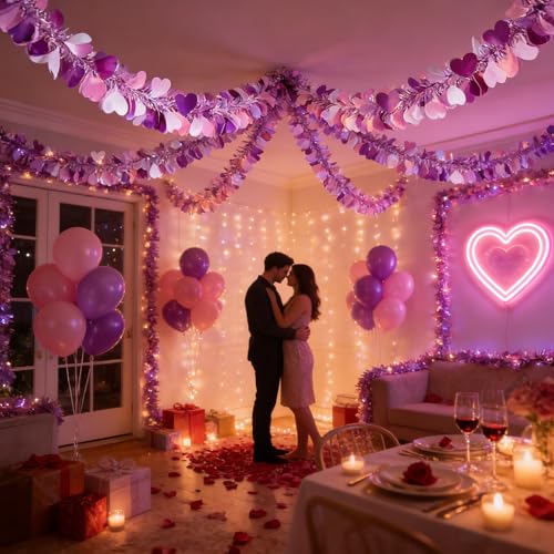 Image of 52Ft Valentines Day Garland Decorations, Glitter Hearts Purple Tinsel Garland for Valentines Tree Mantle, Pastel Heart Decor Party Supplies (52 Ft, Heart)