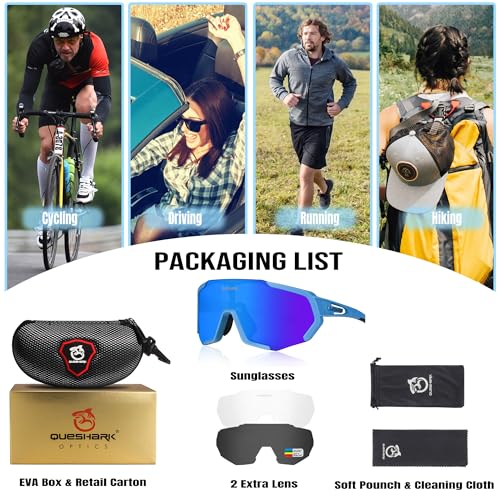 Image of Queshark Cycling Glasses, Sports Sunglasses for Men Women, 1 Polarized 2 HD Lens, Polarized Sunglasses for Cycling Running