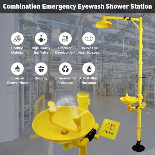 Station de douche et douche d'urgence, double pulvérisation de premiers secours avec tige de traction triangulaire et plaque de poussée, idéal pour les hôpitaux et les laboratoires